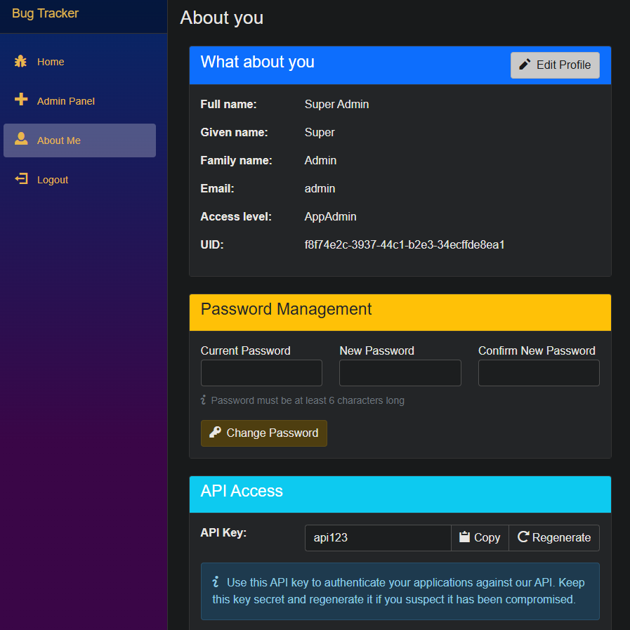 Page About you : profil, mot de passe et clé API