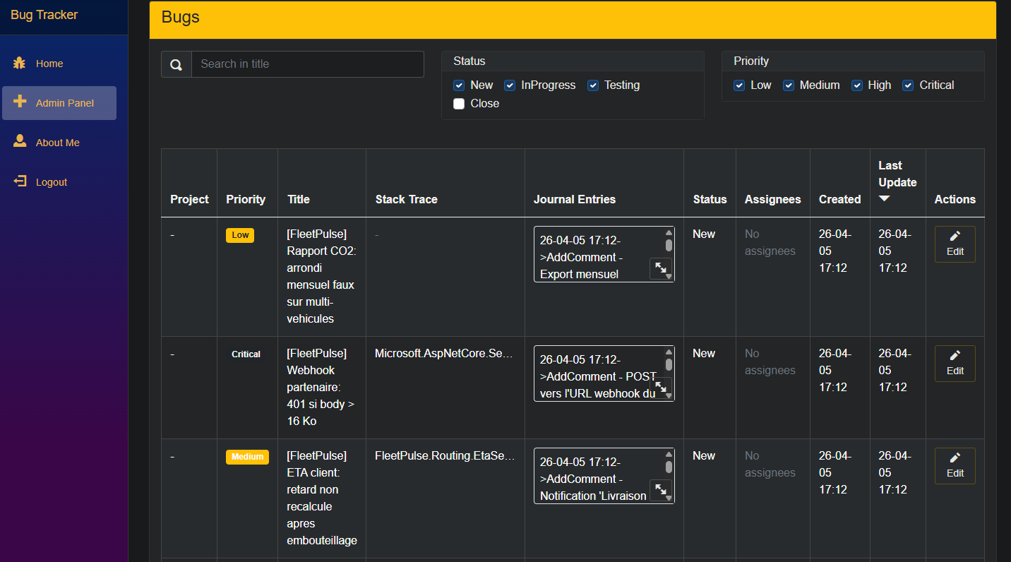 Liste de bugs FleetPulse dans le Bug Tracker
