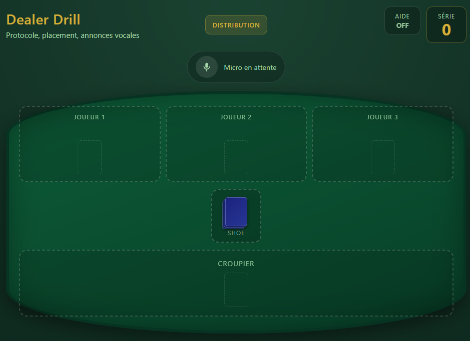 Tapis d’entraînement Dealer Drill : joueurs, shoe et croupier
