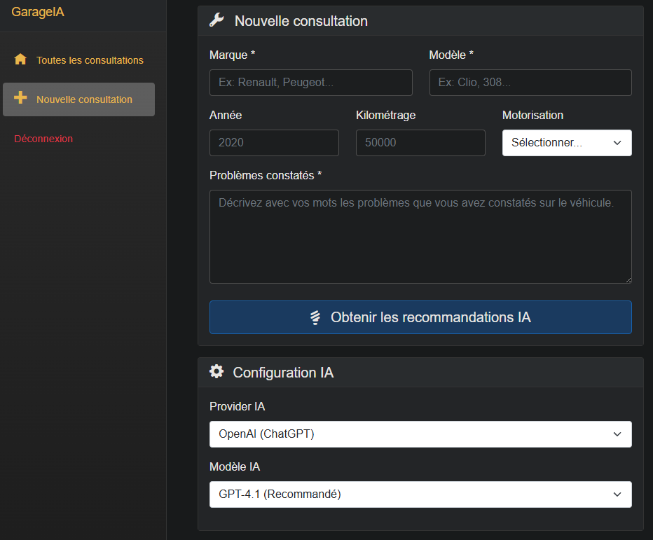 Formulaire nouvelle consultation et configuration IA