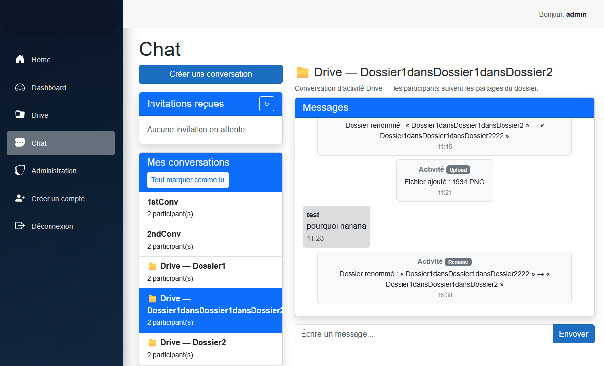 Chat avec fil d’activité Drive