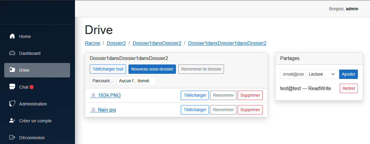 Interface Drive : navigation dans les dossiers et partages
